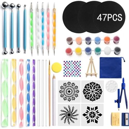 47Pcs Mandala Dotting Tools for Painting Rock Stone Stencil Acrylic Stick Gem Sticker Pigment Easel Palette Eraser