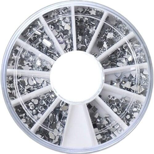 Makartt 50 Wheels/ Lot Silver 12 Different Shape Glitter Fake Nail Art Decorations Crystal Rhinestones for Nails D1103X