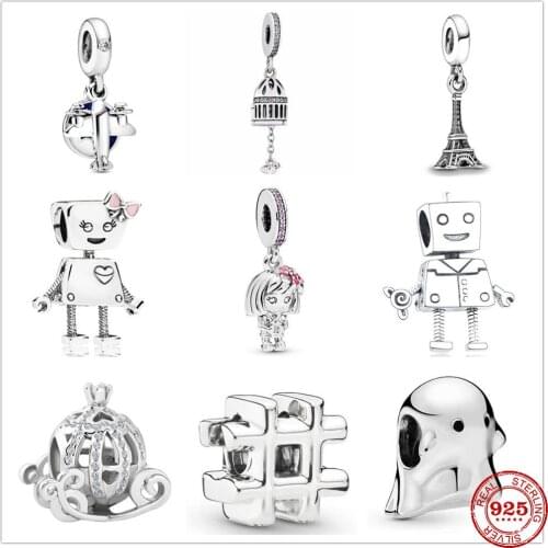 925 Sterling Silver Airplane Robot Little Girl Bird Cage Charms Beads Fit Original Pandora Charm Bracelet DIY women Jewelry