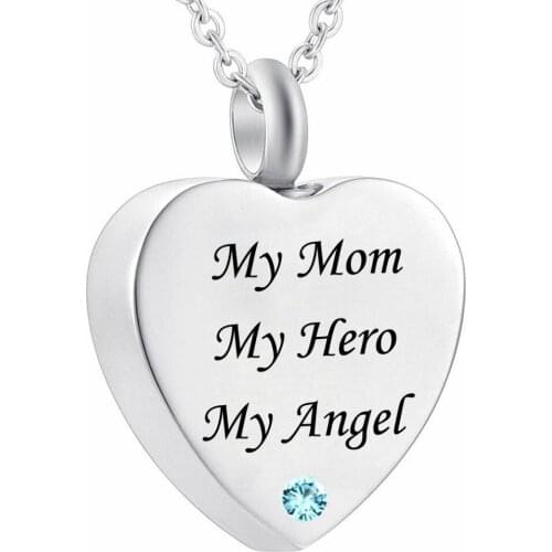 Heart Memorial Urn Necklace Birthstone Cremation Jewelry Ashes Keepsake Pendant - My Mom My Hero My Angel - Funnel Filler Kit