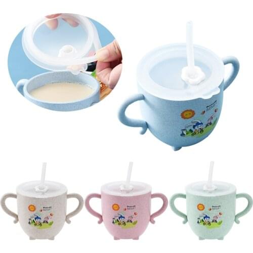 Baby Wheat Straw Feeding Cups Baby Learning Sippy Cups for Toddlers with Handle and Cover Leakproof Cup