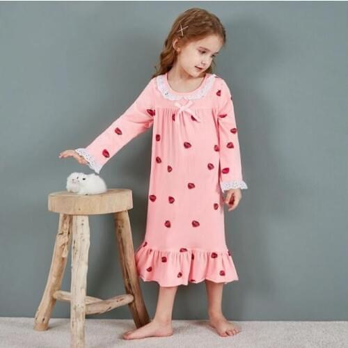 Girls Pajamas Dress Autumn Spring Teen Girl Pink Strawberry Print Lace Bow Long Nightgown Kids Sleepwear Children Home Clothes