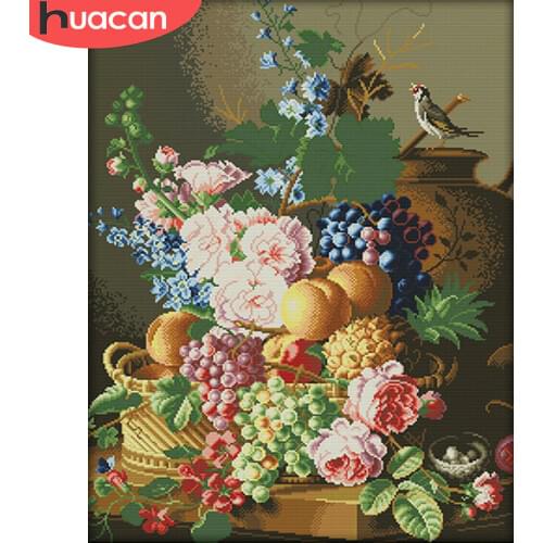 HUACAN Embroidery Flower Sets Cross Stitch Fruit Patterns Kits White Canvas Home Decoration Needlework 11CT 14CT DIY Gift