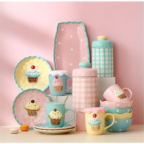 Ceramic Hand Painted Embossed Cake Pattern Coffee Mug Cute Breakfast Milk Cup Dessert Salad Bowl Fruit Snack Plate Tableware