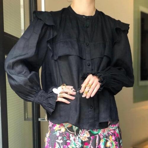 2021 Autumn New Romantic Ruffled Buttoned Trumpet Sleeve Two-color Loose Top Shirt