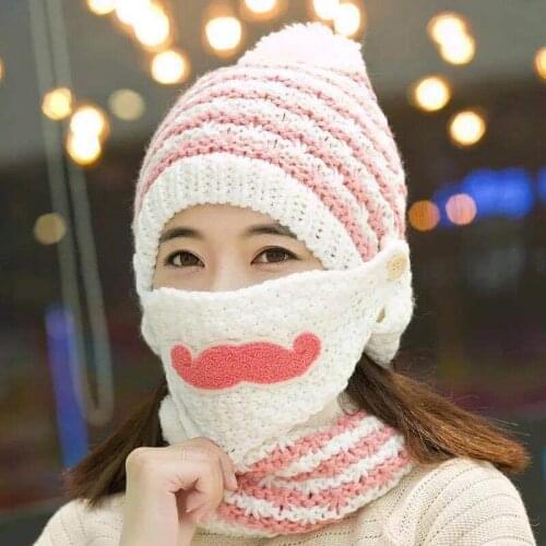 New Women Winter Beanies Knitted Thickened Hat with Warm Mask And Neck Scarf Driver Cute Windstop Sets Scarf & Hat Sets