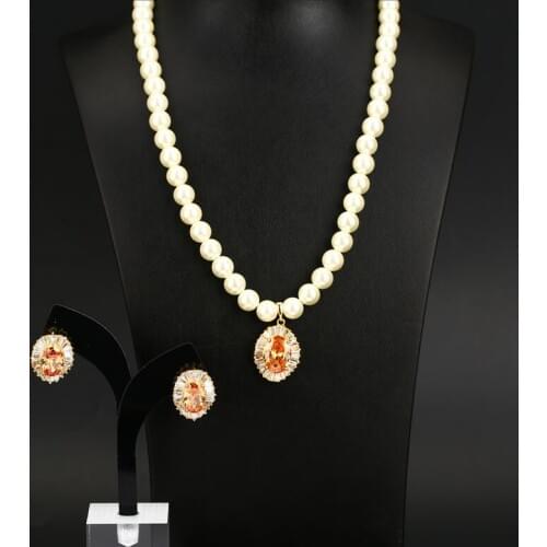 New Simulated Pearl and Cubic Zirconia Jewelry White and Gold Colo Necklace Earrings Wedding Jewelry Sets Bridal Accessories