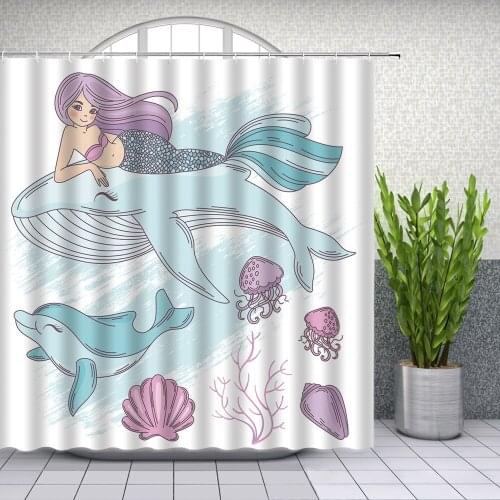 Cartoon Shower Curtains Mermaid Whale Ocean Animal Kids Bathroom Decor Home Bath Bathtub Waterproof Polyester Curtain Set Cheap