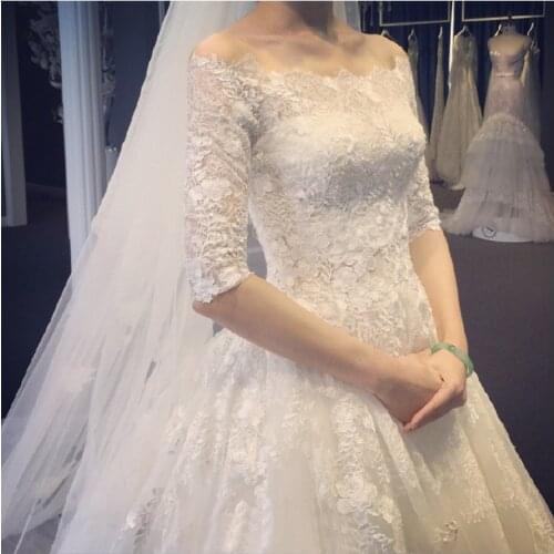 Wedding Dress Bride One-shoulder French Lace Trailing 2021 Mid-sleeve with Sleeves Elegant Wedding Dress A309