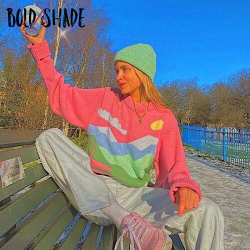 Bold Shade Skater Girl Style Y2K Sweaters Pastel Aesthetic Knitting Graphic Printing Loose Pullover Sweater Indie Women Clothes