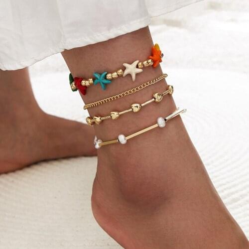 Aprilwell 4 PCs Cute Starfish Heart Pearl Anklets Bracelets Sets Summer Sandals Gold Chain Jewelry Female Barefoot Accessories
