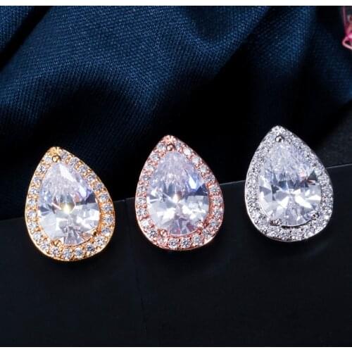 CWWZircons Trendy Classic Design Pure White Cubic Zirconia Pear Drop Crystal 585 Rose Gold Stud Earrings for Women CZ156