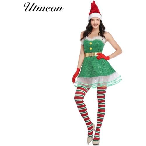 Adult Womens Green Sequin Cosplay Santa Claus Sexy Christmas Costumes Xmas Sexy Santa Dress Costume