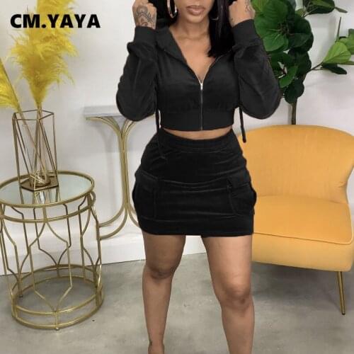 CM.YAYA Women Skirts Set Solid Velvet Hooded Crop Tops Pockets Mini Skirt Two 2 Piece Sets Sexy Fashion Outfits Autumn Tracksuit