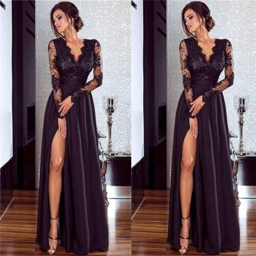 Women Dresses 2020 Party Wedding Women Dress Elegant Female Ball Gown Lace Dresses For Ladies Long Sleeve High Split Dress