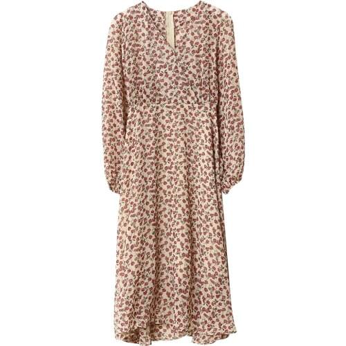 2020 V-Neck Long Sleeve Flower Print Vintage High Waist Boho Elegant Women Casual Midi Dress Vestidos