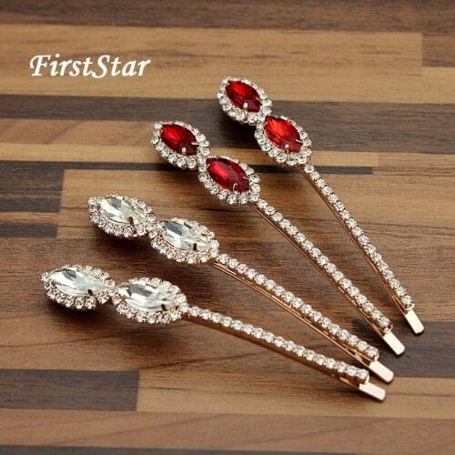1 Pair FirstStar Fashion Red Hair Accessories Clear Crystal Hair Bow Clip Rhinestone Barrettes For Women Headwear