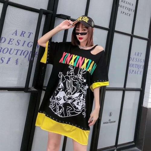 2020 Summer Loose Cartoon Letters T shirt Women Hip Hop Style Off Shoulder Long T-shirt