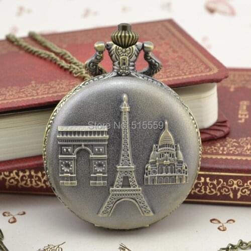 50pcs/lot Real Bronze Eiffel TowerPocket Watch Top Quality Watch Necklace Gift Watch Factory Price Wholesale