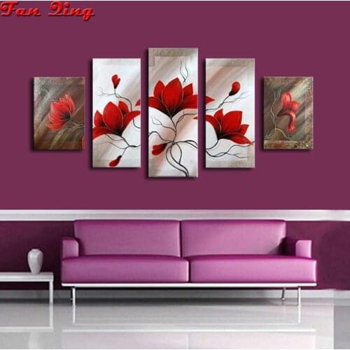 5D Diy Diamond Painting Abstract red flowers 5pcs Cross Stitch Square round Rhinestone Mosaic Diamond Embroidery home decor
