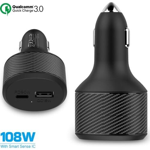 High Power 108W Fast Car Charger,1port USB C PD 90W/65W/45W/30W/20W,1port QC3.0 for Xiaomi Type-C Laptop Tablet iPhone 12