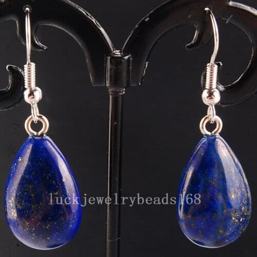 Free Shipping Women Fashion Jewelry 13x25mm Natural Lapis Lazuli Flated Water Drop Beads Dangle Earring Pair C4140