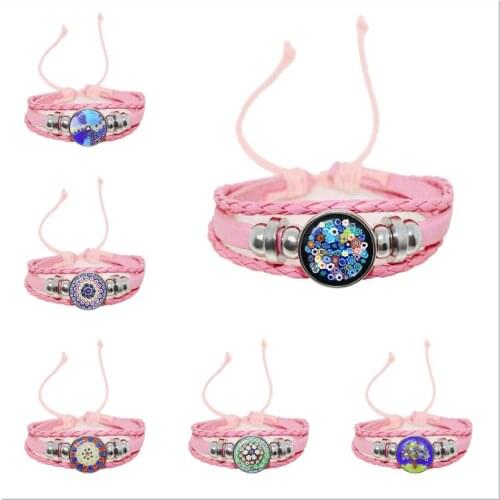 Dropship Murano Millefiori Bracelet MultiColour Flower Multilayer Leather Bracelets Adjustable Jewelry for Women Girl Kids Gift