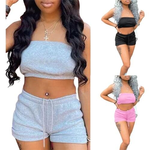 CHRONSTYLE Women Sexy Sportwear Set Tracksuits Fitness Strapless Off Shoulder Tube Crop Tops Vest Shorts Summer Cropped Outfits