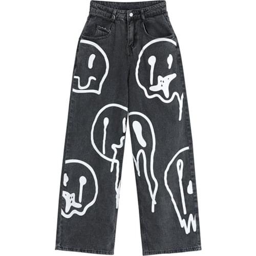 Hip Hop Clothes Women Punk Print Vintage Wash Jeans Loose Casual Denim Wide Leg Pants Egirl Gothic Trousers Y2k Alt Aesthetic