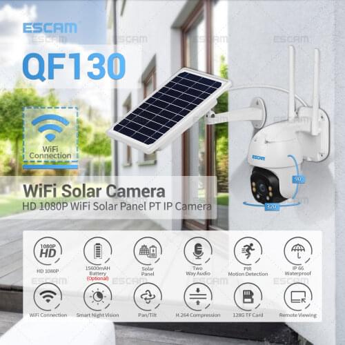 ESCAM QF130 1080P PIR Alarm Wifi IP Camera with Solar Panel Full Color Night Vision Two Way Audio IP66 Outdoor Solar Camera