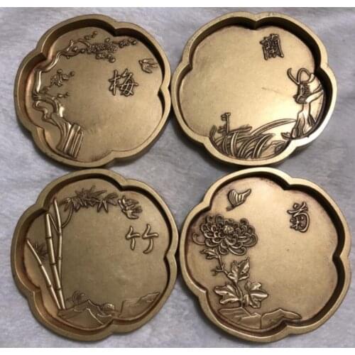 China brass Plum, Orchid, Bamboo and Chrysanthemum saucer crafts statue A set