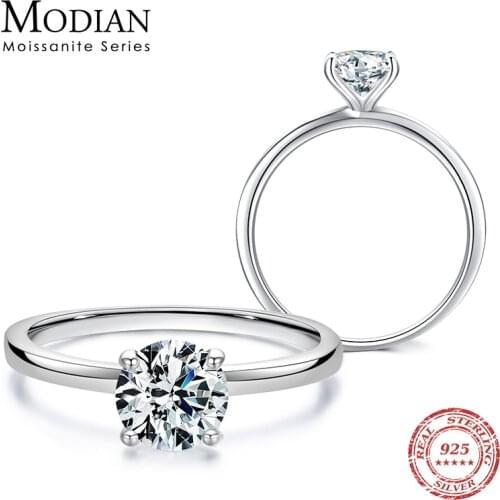 MODIAN Sparkling 1.0Ct Moissanite 925 Sterling Silver Finger Rings For Women Classic Wedding Band Engagement Statement Jewelry