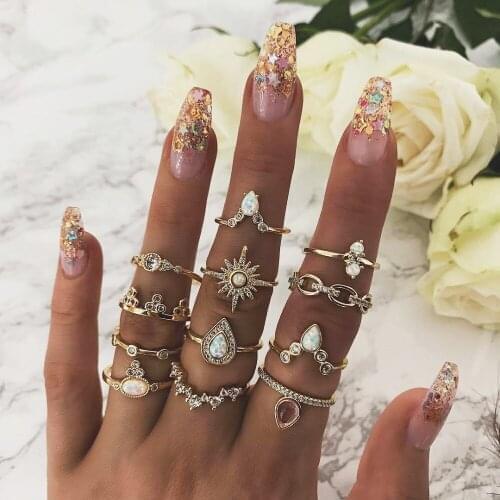12 Pcs/set Vintage Gold Rings Set for Women Girl Boho Crystal Opal Crown Star Knuckle Ring New Fashion Bohemian Wedding Jewelry