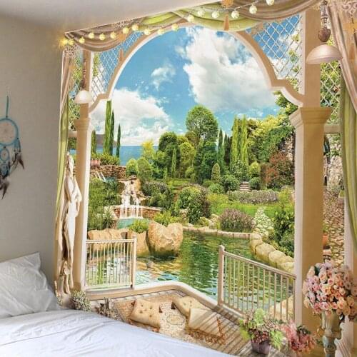 Window Balcony View Hanging Wall Tapestries Nature Vintage European Tablecloth Sofa Blanket Beach Living Room Landscape Picture