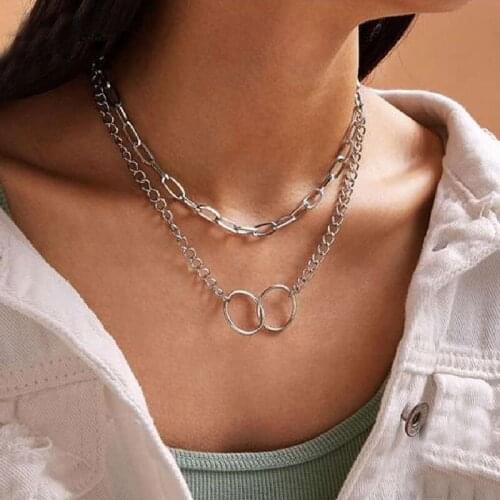 New Bohemian Fashion Jewelry with Simple Alloy Double Ring Pendant Multilayer Necklace for Women Birthday Gifts Wholesale