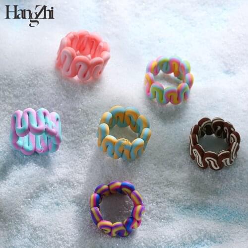 New Trendy Mixed-Color Colorful Soft Pottery Clay Hand-Made Curved Rings HANGZHI 2021 for Women Girls Summer Party Jewelry Gifts