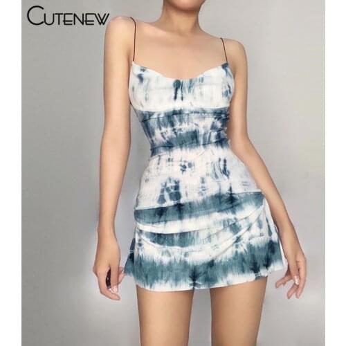Cutenew Sexy Backless Printing A-Line Strap Mini Dress Women Summer Casual Stretch Wild Basic Drawstring Lady Dresses Streetwear