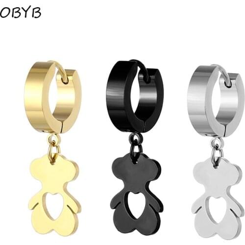 OBYB Stainless Steel Hollow Heart-shaped Metal Ear Buckle Cute Bear Charms Hoop Earrings for Women Girls Sweet Gift Punk Jewelry
