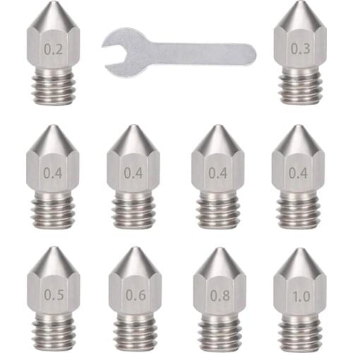 10PCS MK8 Stainless Steel M6 Threaded Nozzle 0.2 0.4 0.5 0.6 0.8 1.0mm for 1.75mm Filament Anet A8 CR10 CR-10S Ender 3 Ender 5
