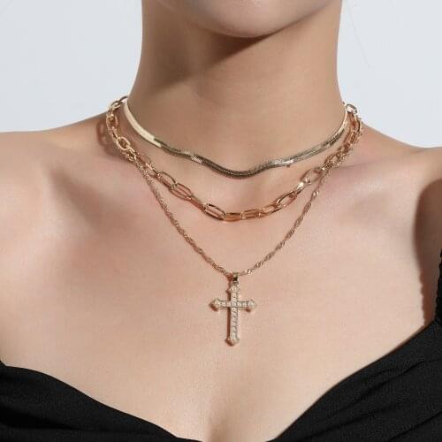 Fashion Cross Pearl Pendant Necklace Personality Multi-layer Snake Bone Chain Necklace Collares Jewelry