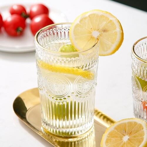 Nordic Retro Sun Flower Embossed Phnom Penh Glass Cup Home Decor Cold Drink Cup Restaurant Decorative Coffee Cup Breakfast Cup