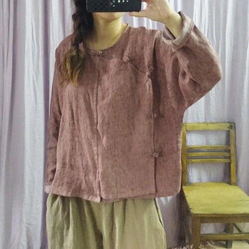 Women Autumn Linen Blouse Ladies Vintage Single Breasted Shirts Tops Female 2020 Spring Flax Blouses