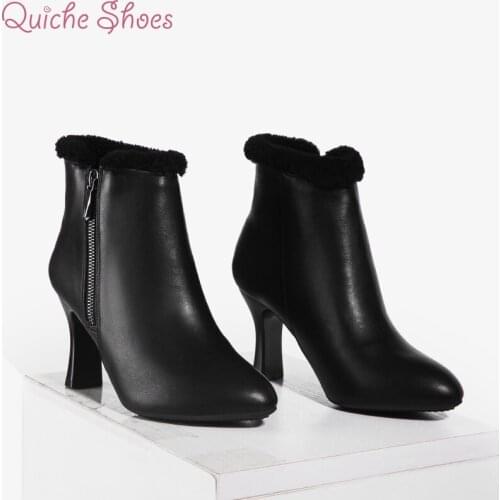 QuicheShoes 2021 Ankle Boots Zipper Genuine Leather Women Boots Square High Heel Keep Warm Winter Ladies Shoes