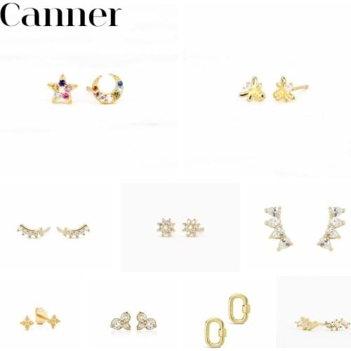 Canner Ear Studs Sterling Silver Earrings For Women Moon Star Geometric CZ Piercing Jewelry 2021 Trend Pendientes Plata 925 W5