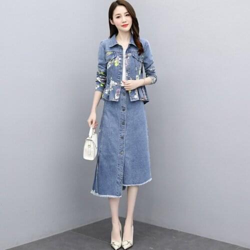 Spring Summer Autumn Women Denim Flower Two Piece Skirt Suits Office Lady Long Sleeve Single Breasted Slim Outfits Set