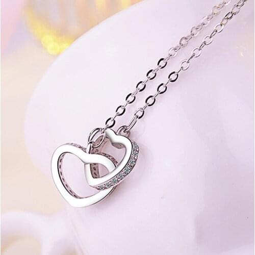 Utimtree Sterling Silver Trendy Necklace 925 Double Heart Design Clear CZ Zircon Pendants Necklaces for Wedding Bridal Jewelry