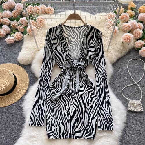 Sexy long sleeve dress women zebra print dresses holiday style v-neck elegant empire vestidos woman skinny vestido