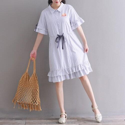 Mori girl summer fashion cotton linen dress 2019 new arrival preppy style butterfly sleeve sweet plaid dress for women