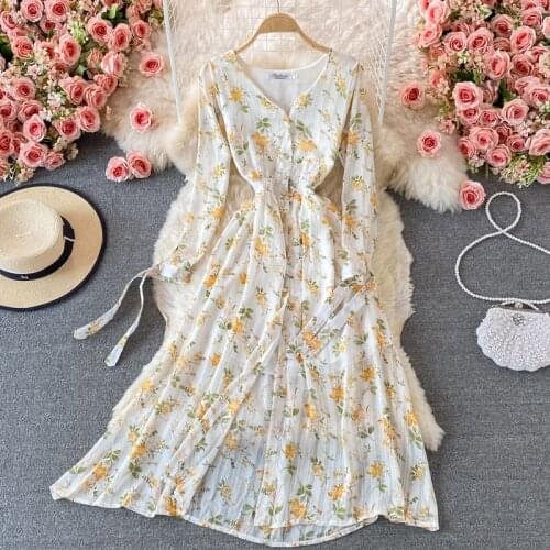 FMFSSOM 2021 Chiffon Long Dress Women Elastic Waist Casual Dresses Floral Print Button Single Autumn Breasted Elegant Robe