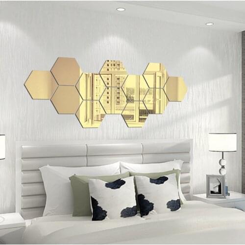 Golden Silver Mirror Sticker For Living Room Hexagon Geometric Modern Wall Stickers Acrylic Wallpaper Decals 36pcs Room Decor